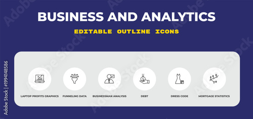 outline business and analytics icons set - laptop profits graphics, funneling data, businessman analysis. editable vector for web and mobile ui