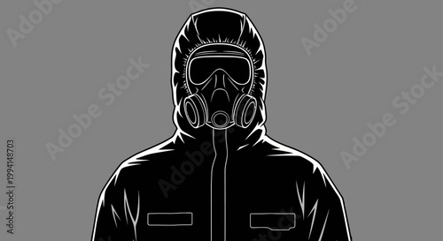 a person wearing a hazmat suit and gas mask with protective gear illustrating public health and safety protocols during a pandemic.