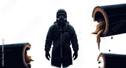 hazmat suit and gas mask wearer inspects broken pipes leaking asbestos and environmental pollution highlighting industrial hazard.