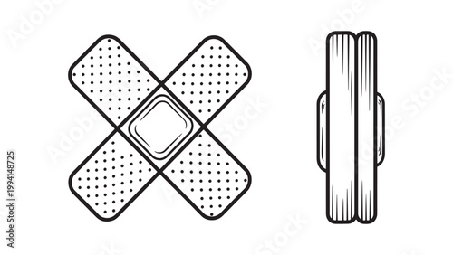 Black and White Vector Line Art Illustration of Overlapping Adhesive Bandages and a Stacked Pair, Symbolizing First Aid and Healthcare.