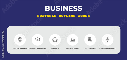 outline business icons set - yen coin on hands, graduation ceremony, full circle. editable vector for web and mobile ui