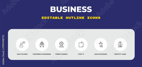 outline business icons set - man talking, partners in business, ferris wheels. editable vector for web and mobile ui