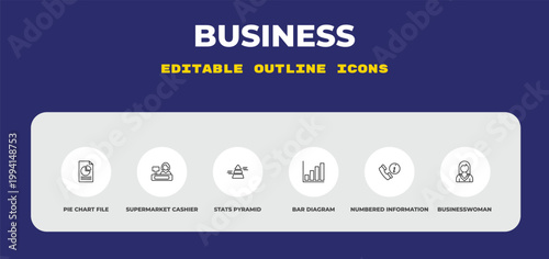outline business icons set - pie chart file, supermarket cashier, stats pyramid. editable vector for web and mobile ui