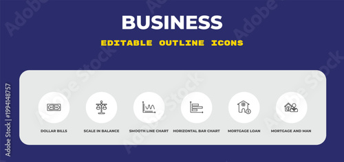 outline business icons set - dollar bills, scale in balance, smooth line chart. editable vector for web and mobile ui