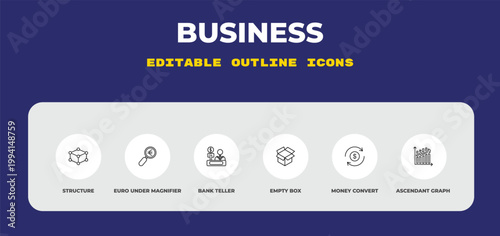 outline business icons set - structure, euro under magnifier, bank teller. editable vector for web and mobile ui