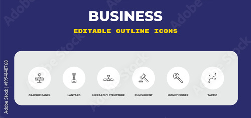 outline business icons set - graphic panel, lanyard, hierarchy structure. editable vector for web and mobile ui