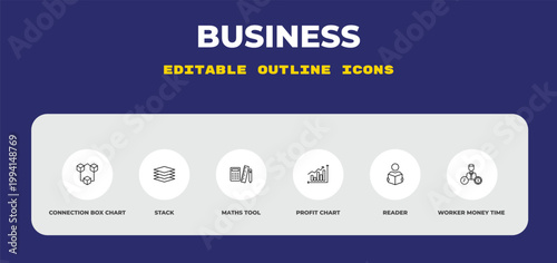 outline business icons set - connection box chart, stack, maths tool. editable vector for web and mobile ui