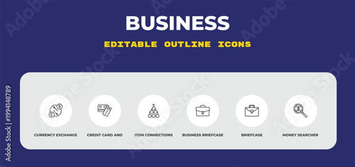 outline business icons set - currency exchange, credit card and ticket, item connections. editable vector for web and mobile ui
