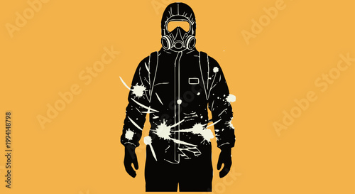 hazmat suit-clad person with a gas mask splattered against an orange background illustrating chemical contamination and public safety.