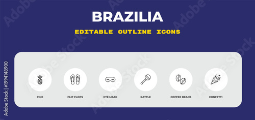 outline brazilia icons set - pine, flip flops, eye mask. editable vector for web and mobile ui