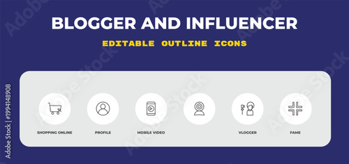 outline blogger and influencer icons set - shopping online, profile, mobile video. editable vector for web and mobile ui