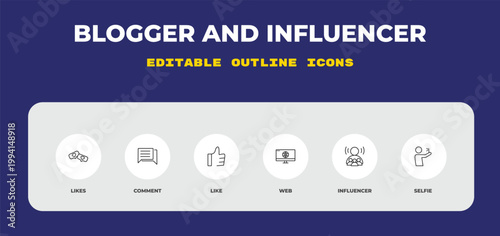 outline blogger and influencer icons set - likes, comment, like. editable vector for web and mobile ui