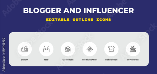 outline blogger and influencer icons set - camera, feed, camcorder. editable vector for web and mobile ui