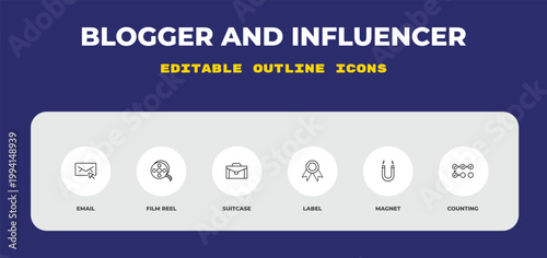 outline blogger and influencer icons set - email, film reel, suitcase. editable vector for web and mobile ui