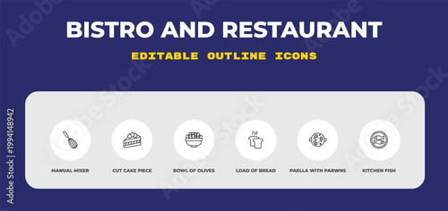 outline bistro and restaurant icons set - manual mixer, cut cake piece, bowl of olives. editable vector for web and mobile ui