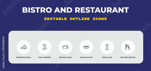 outline bistro and restaurant icons set - pepperoni pizza, two cherries, mexican food. editable vector for web and mobile ui