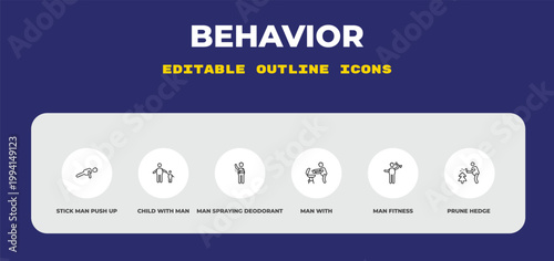 outline behavior icons set - stick man push up, child with man, man spraying deodorant. editable vector for web and mobile ui
