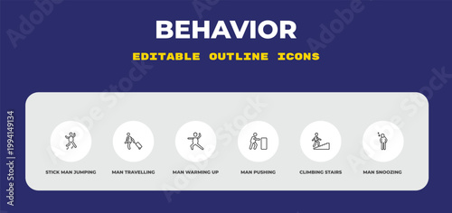 outline behavior icons set - stick man jumping, man travelling, man warming up. editable vector for web and mobile ui