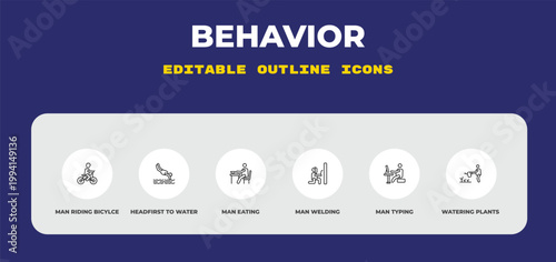outline behavior icons set - man riding bicylce, headfirst to water, man eating. editable vector for web and mobile ui