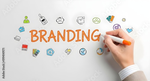 Creative hand drawing the word branding with colorful marketing icons and symbols on a clean white background for business ideas