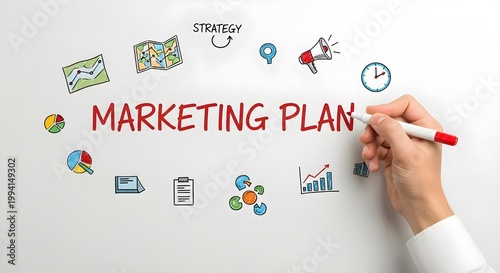 Hand writing MARKETING PLAN on a white board with various business strategy icons and graphics illustrating success and growth