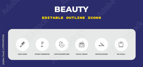 outline beauty icons set - hair comb, stand hairdryer, hair washer sink. editable vector for web and mobile ui