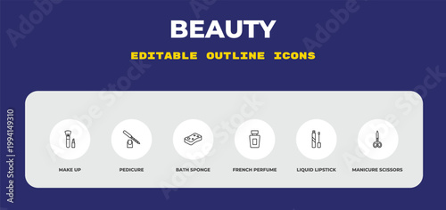 outline beauty icons set - make up, pedicure, bath sponge. editable vector for web and mobile ui