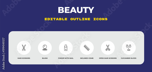 outline beauty icons set - hair scissors, blush, finger with nail. editable vector for web and mobile ui