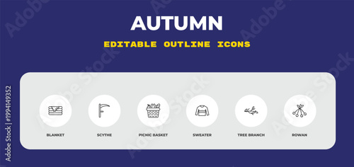 outline autumn icons set - blanket, scythe, picnic basket. editable vector for web and mobile ui