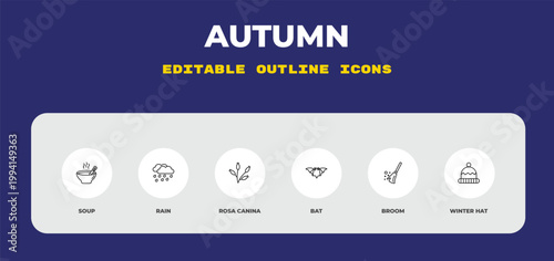 outline autumn icons set - soup, rain, rosa canina. editable vector for web and mobile ui