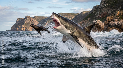 Fotografie Slow motion of Great White Shark (Carcharodon carcharias) jump out of water for hunting seal in Mossel Bay, South Africa