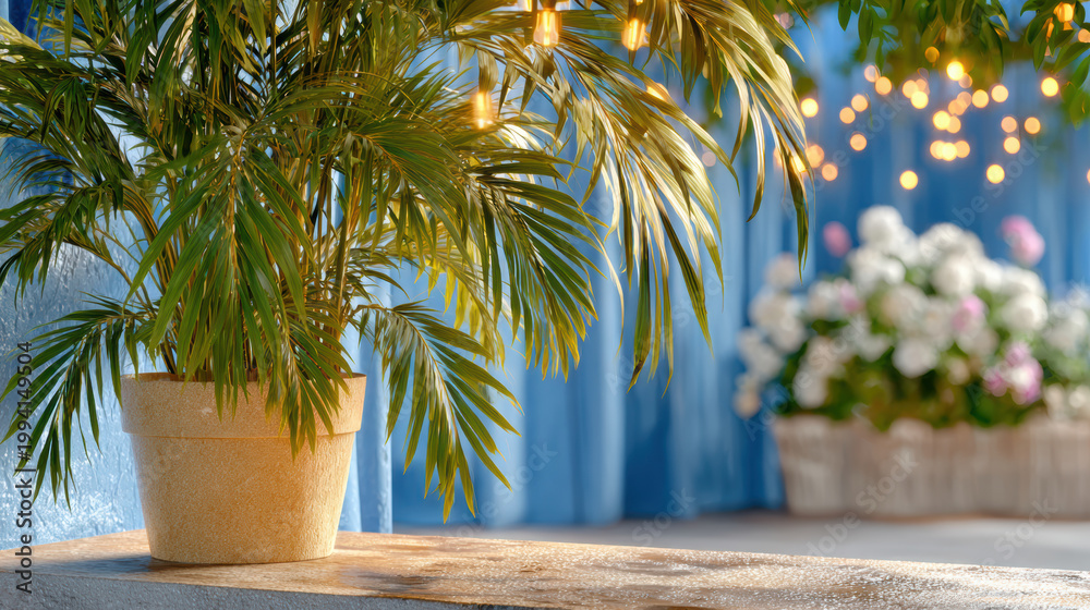 Fototapeta premium Potted palm with warm string lights and blurred floral bokeh in a courtyard for carnival party background and event banner design