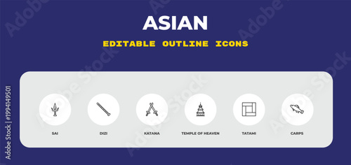 outline asian icons set - sai, dizi, katana. editable vector for web and mobile ui