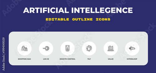 outline artificial intellegence icons set - shopping bag, log in, remote control. editable vector for web and mobile ui