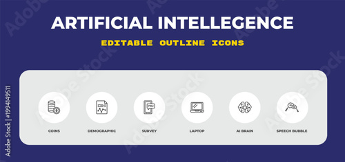 outline artificial intellegence icons set - coins, demographic, survey. editable vector for web and mobile ui