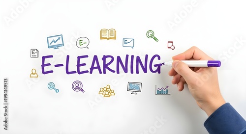 A hand writing ELEARNING on a whiteboard surrounded by various educational icons signifying online learning and digital education concepts