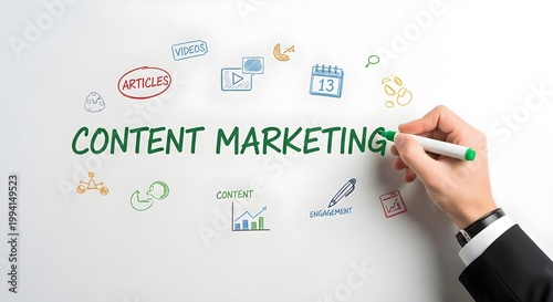Hand writing content marketing strategy with various icons and symbols on a whiteboard representing digital media concepts