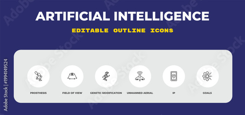 outline artificial intelligence icons set - prosthesis, field of view, genetic modification. editable vector for web and mobile ui