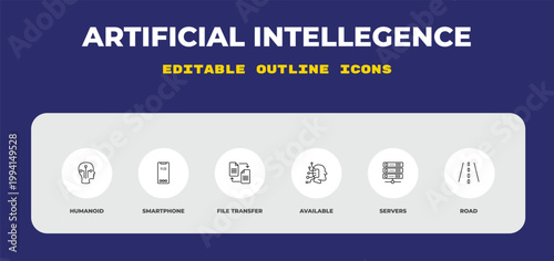 outline artificial intellegence icons set - humanoid, smartphone, file transfer. editable vector for web and mobile ui