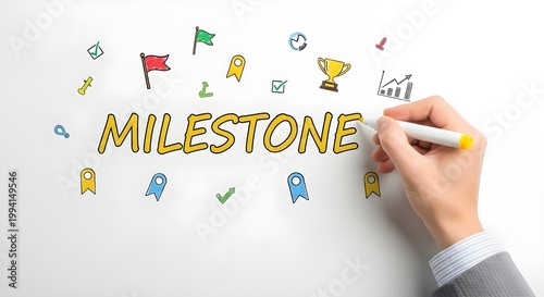 Hand writing the word milestone surrounded by colorful icons representing achievements and progress on a clean white background