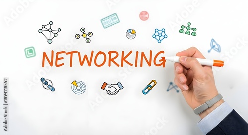 A persons hand holding a marker and writing the word networking surrounded by various connection and collaboration icons on a white background