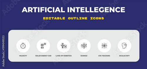 outline artificial intellegence icons set - velocity, solar energy car, laws of robotics. editable vector for web and mobile ui