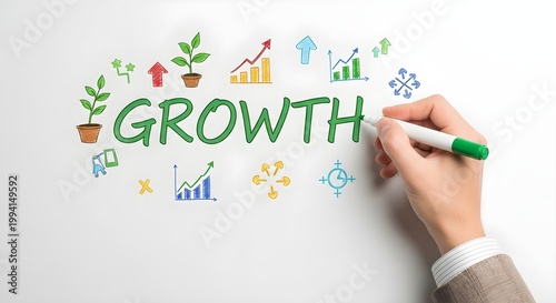 Businessmans hand draws green word GROWTH with business icons like potted plants and bar charts illustrating progress and development