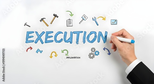 Business plan execution with hand drawing icons and gears to illustrate successful strategy implementation and project completion