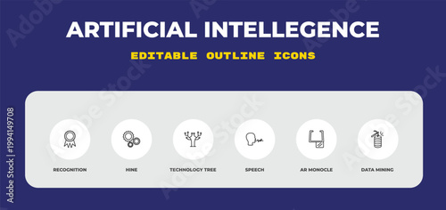 outline artificial intellegence icons set - recognition, hine, technology tree. editable vector for web and mobile ui