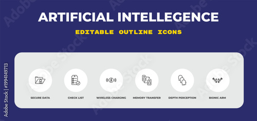outline artificial intellegence icons set - secure data, check list, wireless charging. editable vector for web and mobile ui
