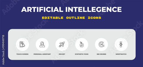 outline artificial intellegence icons set - touch screen, personal assistant, rocket. editable vector for web and mobile ui