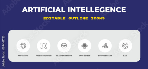 outline artificial intellegence icons set - processing, face recognition, rearview mirror. editable vector for web and mobile ui