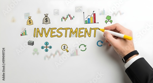 A hand is writing the word investment on a white background surrounded by business and financial related icons and charts depicting growth and profit