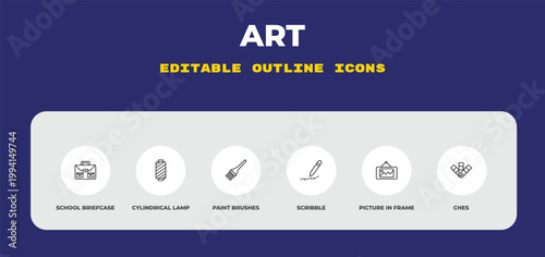 outline art icons set - school briefcase, cylindrical lamp, paint brushes. editable vector for web and mobile ui